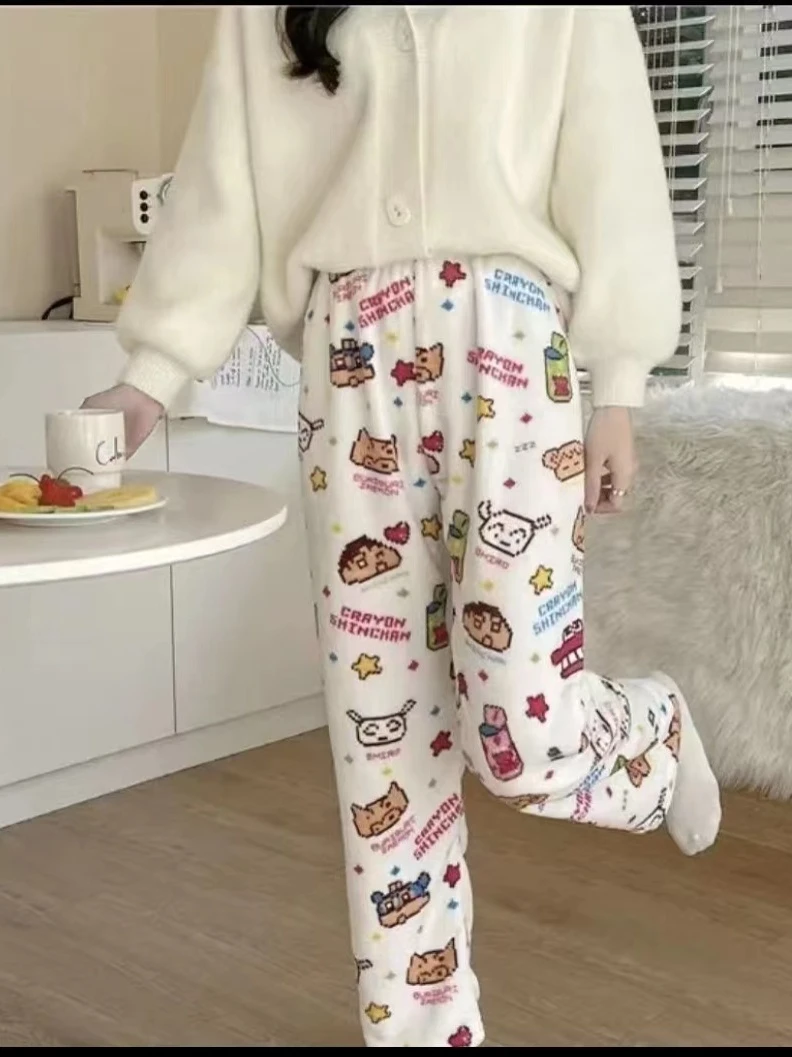 遛弯睡裤女秋冬季宽松长裤休闲卡通印花法兰绒加绒加厚保暖居家裤
