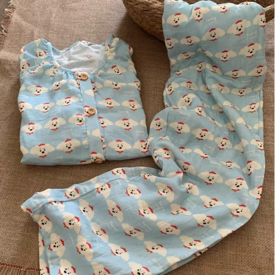 韩版ins可爱圆领卡通小狗睡衣女春秋新款休息长袖长裤家居服套装