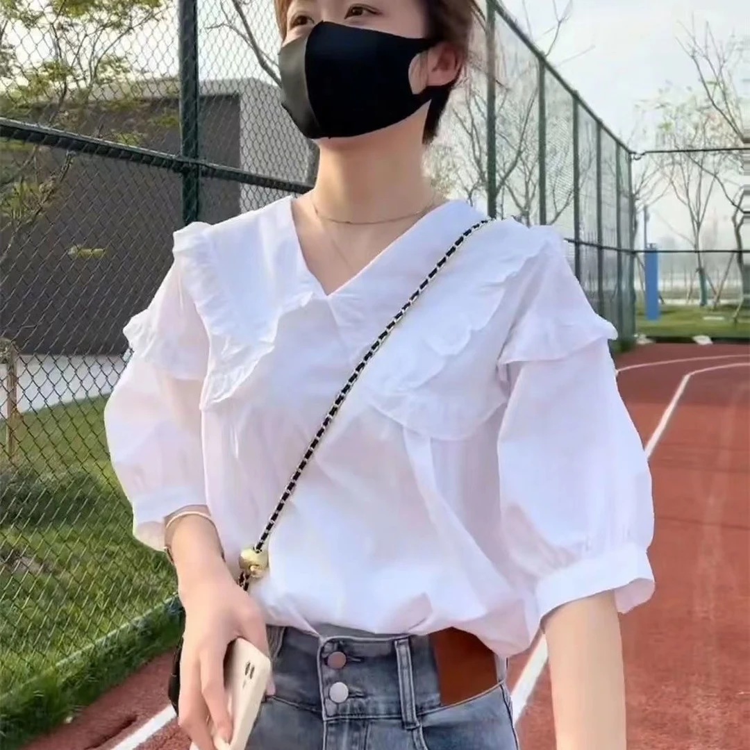 100%纯棉白色短袖衬衫女装潮时尚娃娃领减龄新款显瘦百搭洋气衬衣