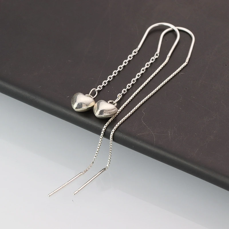 S925纯银心形流苏耳线简约百搭小众设计感女韩国时尚个性中款耳饰