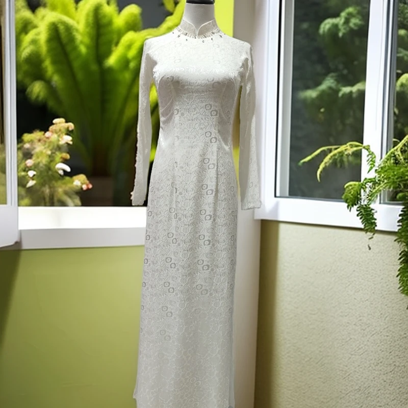 越南奥黛修身2024新款复古夏季春季白色长款长袖气质优雅