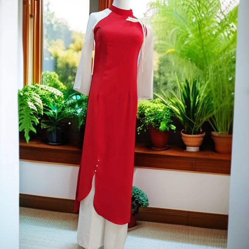 越南奥黛两件套优雅复古修身红色显瘦时尚中长款气质日常春秋走秀