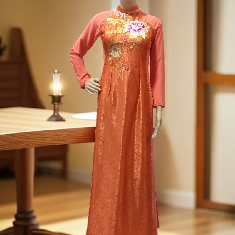 越南奥黛旗袍2024新款修身中长款长袖金丝显瘦气质民族风中式复古