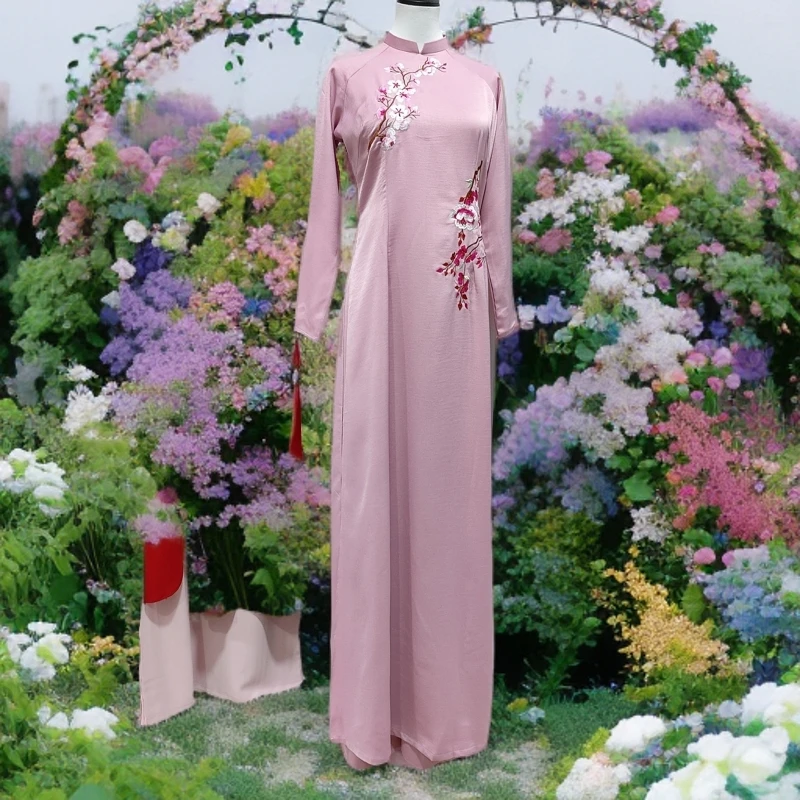 绝美奥黛旗袍2024新款夏季粉色改良年轻款少女新中式日常可穿显瘦