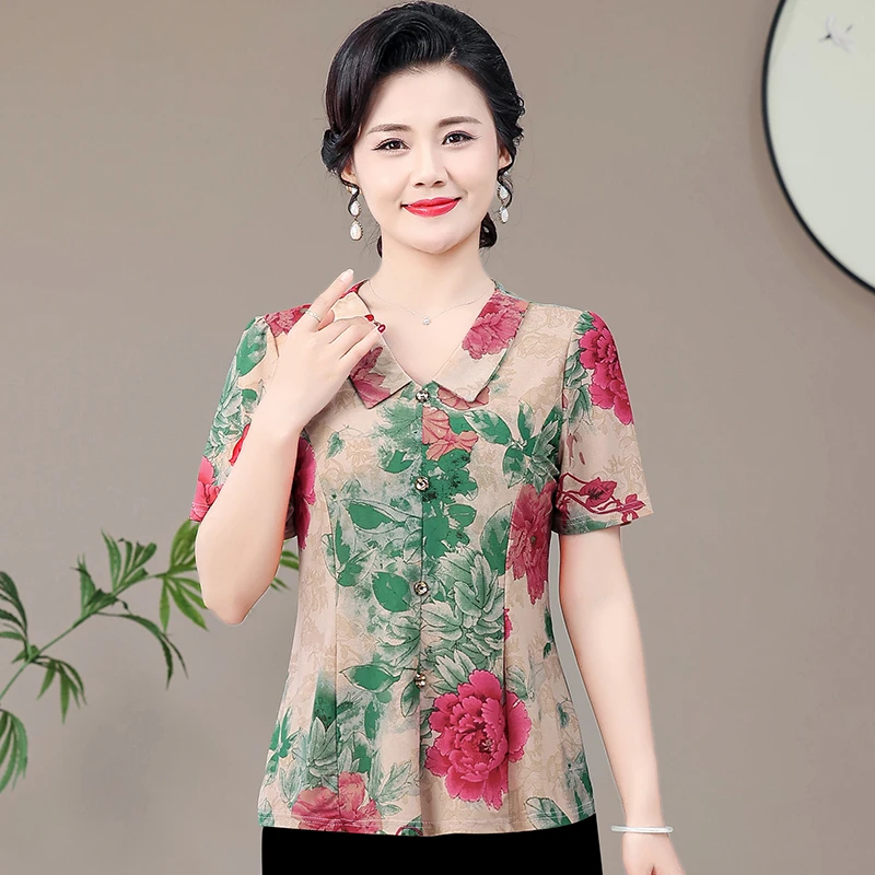2024夏季新款洋气减龄娃娃领显瘦花色时尚妈妈装中老年短袖上衣女