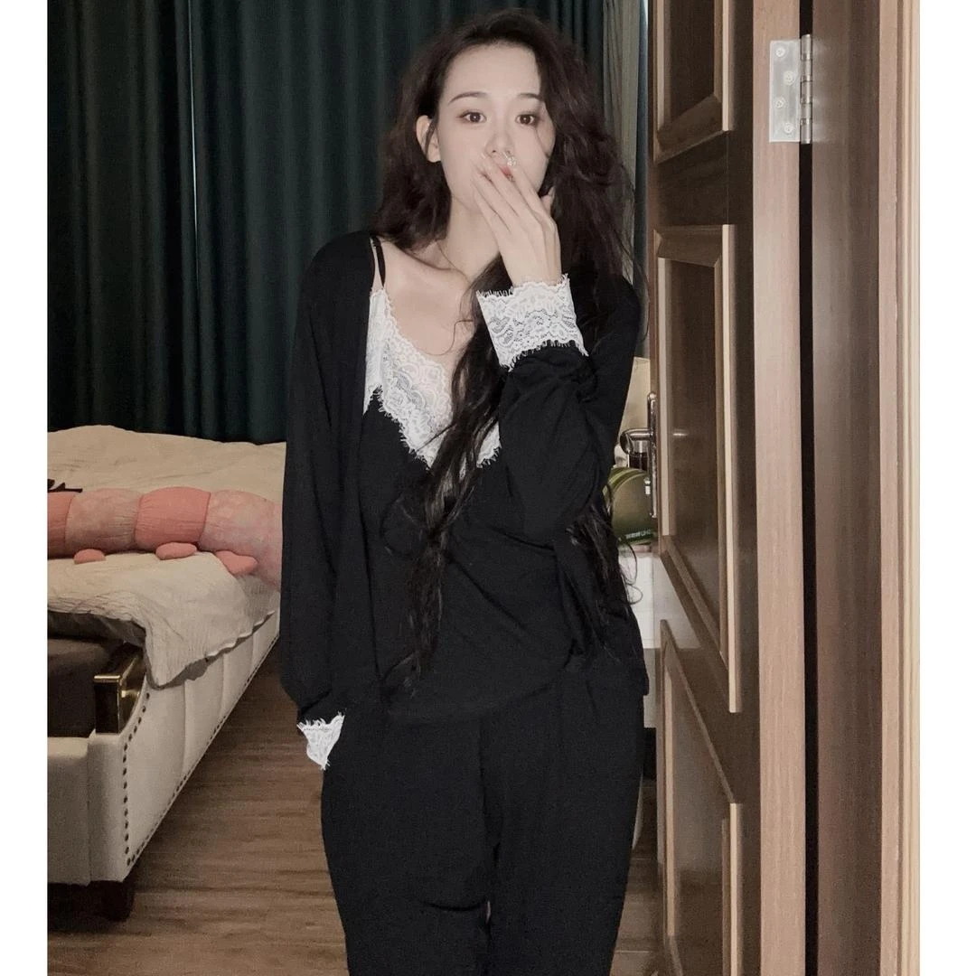 (带胸垫)三件套睡衣女春秋冬长袖长裤蕾丝性感纯欲法式家居服套装