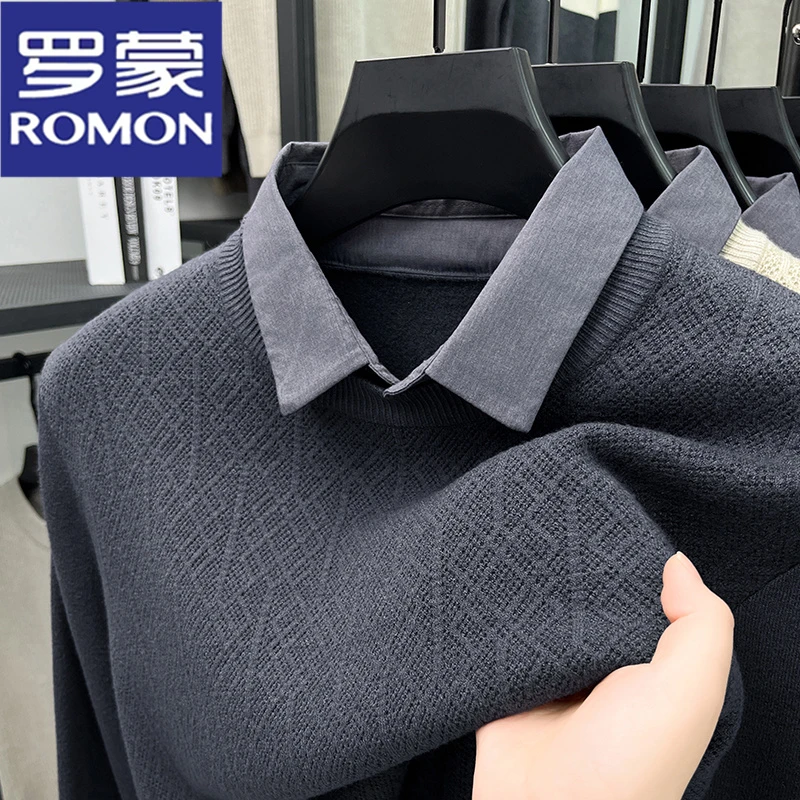 罗蒙秋冬季新款加厚毛衣假两件衬衫领商务休闲长袖针织打底衫男装