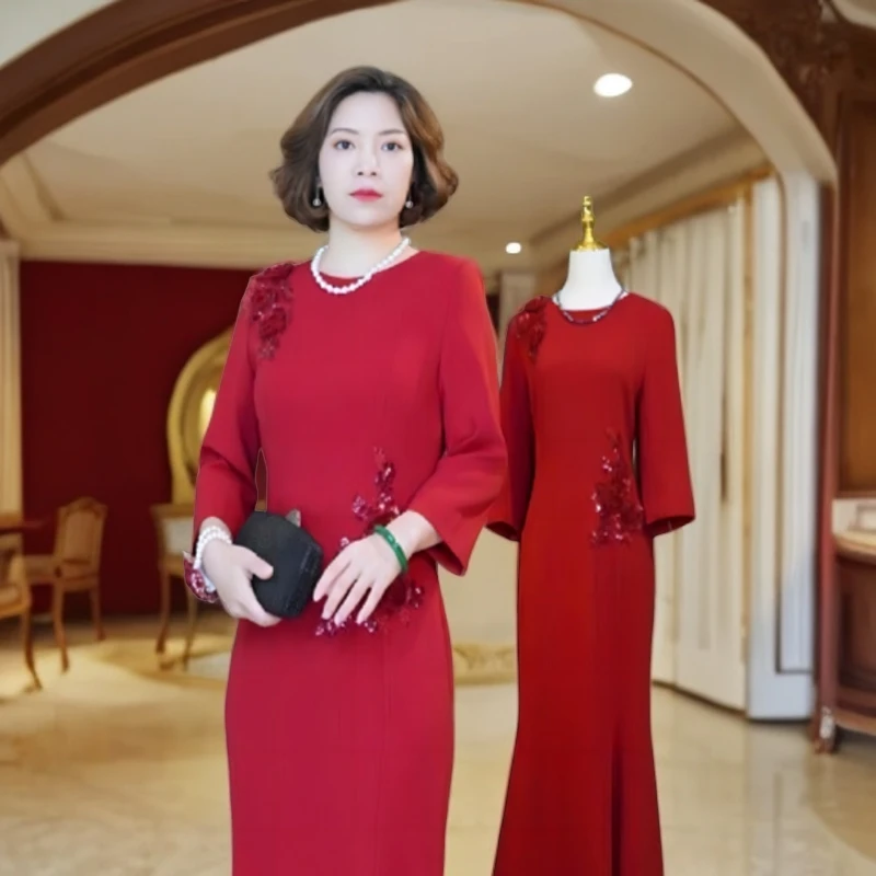 鱼尾裙妈妈气质连衣裙裙子婚宴婚礼年轻显瘦酒红色裙时尚修身优雅