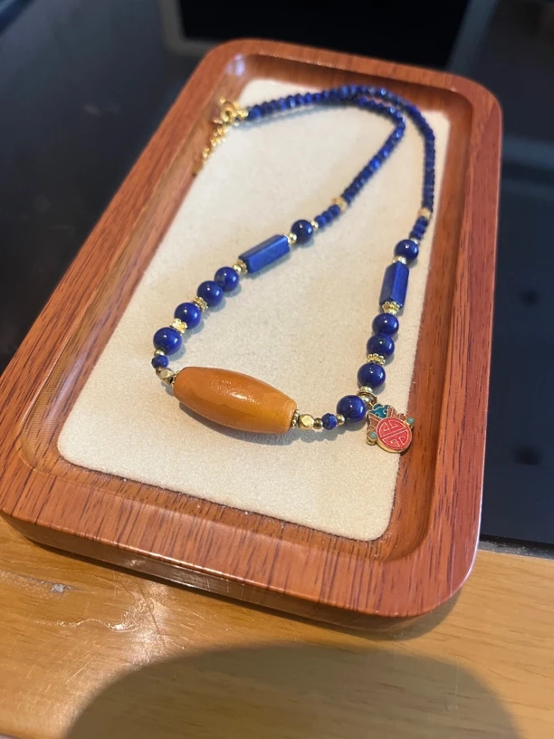 琥珀蜜蜡 老蜜蜡桶珠 青金石项链