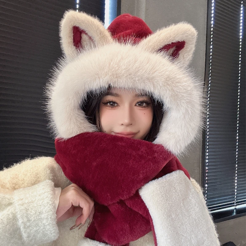 安可拉红色狐狸帽子围巾一体女款秋冬季可爱围脖保暖三件套毛绒帽