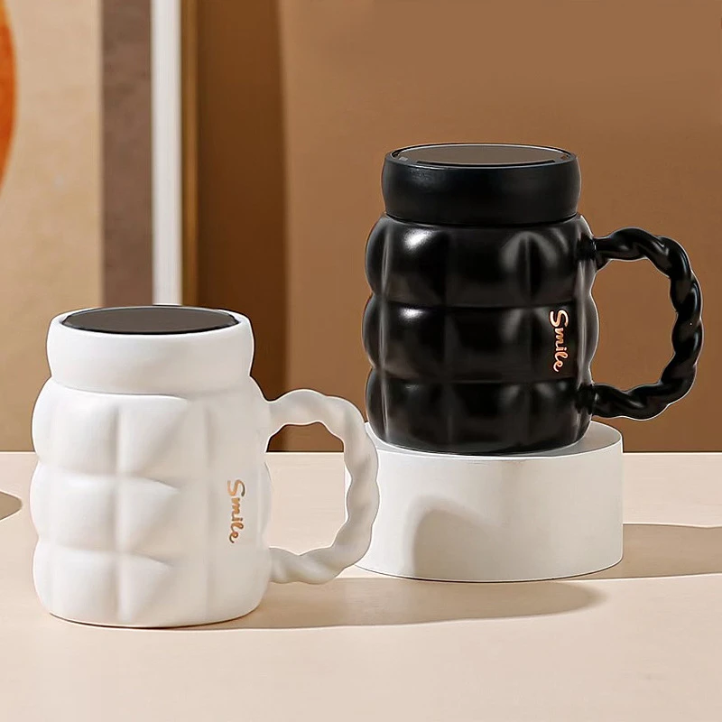 带盖陶瓷马克杯子男女情侣家用办公咖啡杯高颜值黑白镜面盖水杯