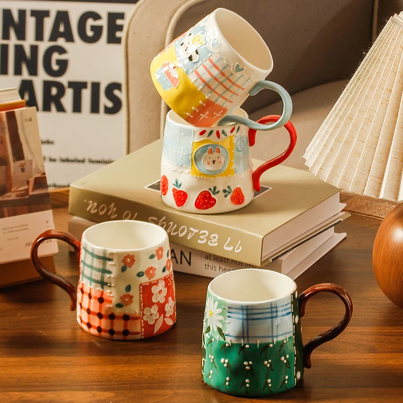 小众设计感高颜值手绘釉下彩浮雕缝补陶瓷马克杯彩绘大容量早餐杯