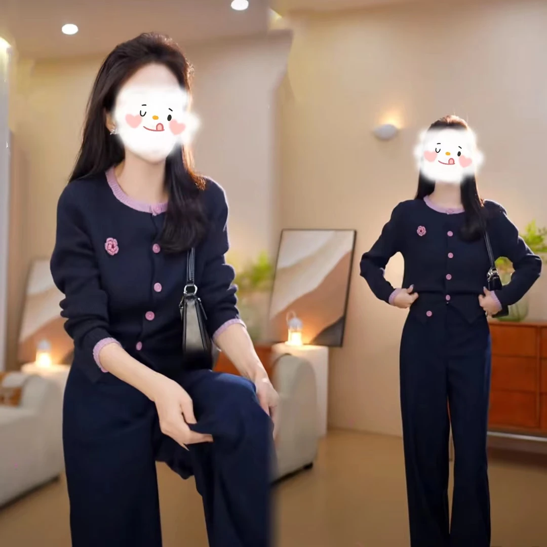 2024秋季新款高级感针织开衫上衣圆领钩花毛衣高腰宽松百搭休闲裤