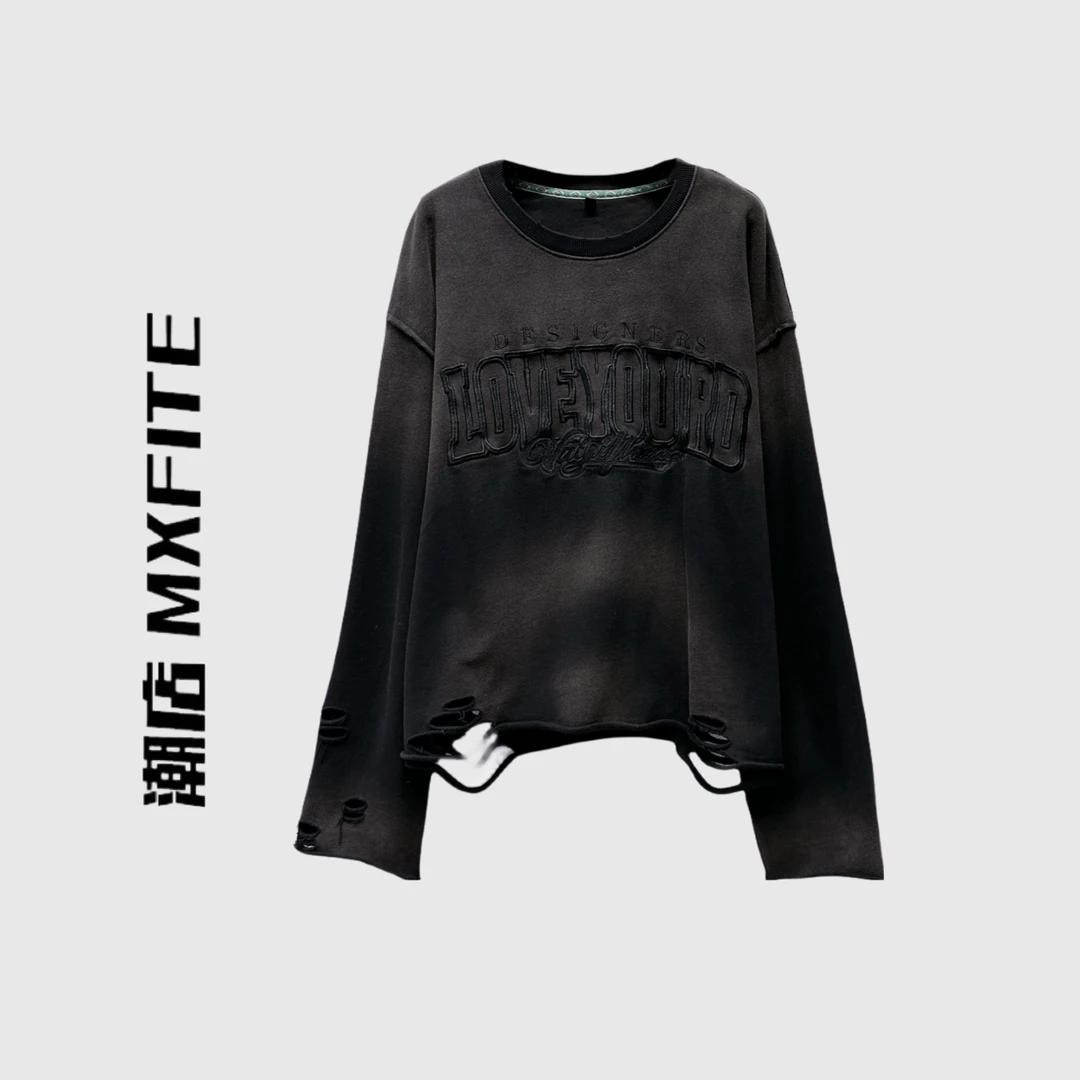 MXFITE潮店春季新款潮流下摆手工剪破重工刺绣圆领卫衣（RDW1013）