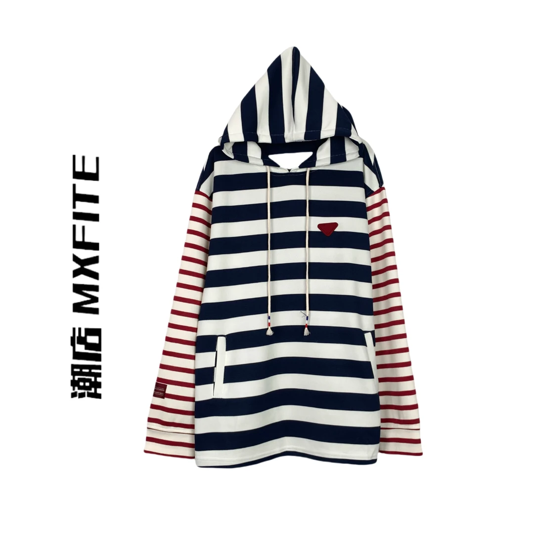 MXFITE潮店早秋新款个性撞色拼接条纹连帽休闲卫衣（LF78369）