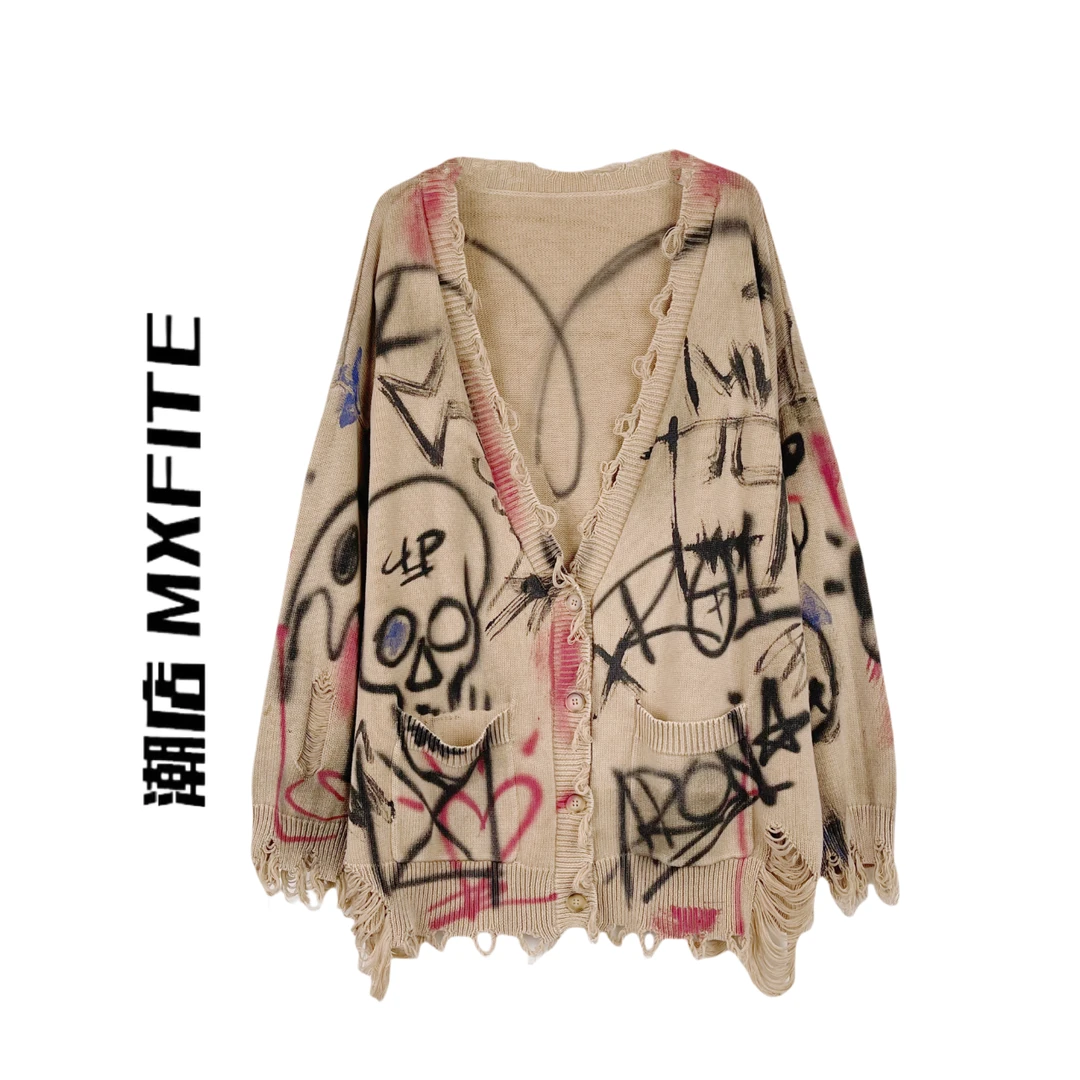 MXFITE潮店早秋新款复古做旧慵懒风涂鸦针织开衫衬衫（RDM3146）