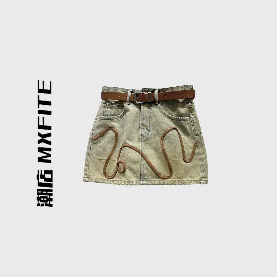 MXFITE潮店夏季新款个性做旧复古磨烂线绳牛仔半身裙（AN815）