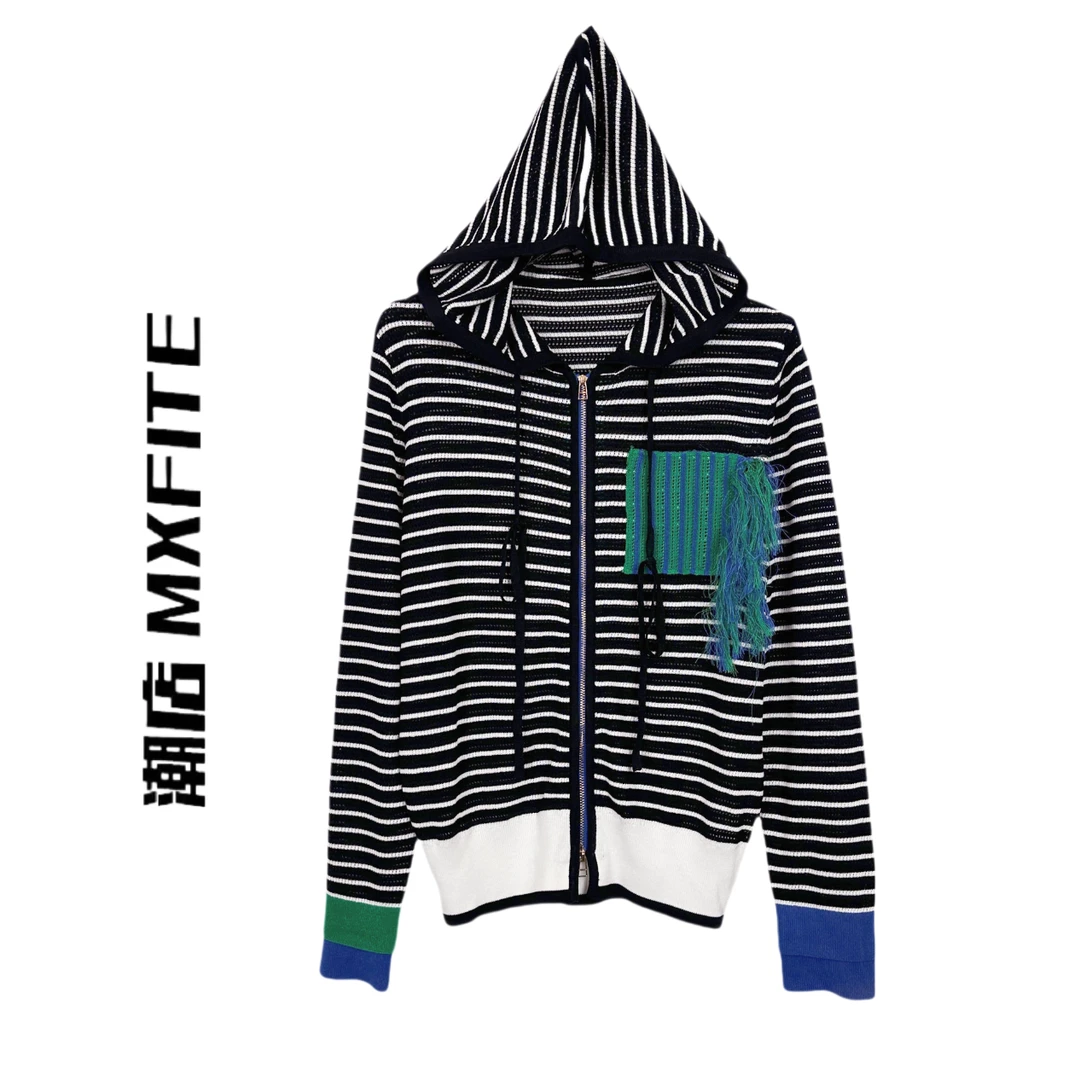 MXFITE潮店夏季新款条纹拼接撞色连帽长袖休闲针织衫（RDM3030）