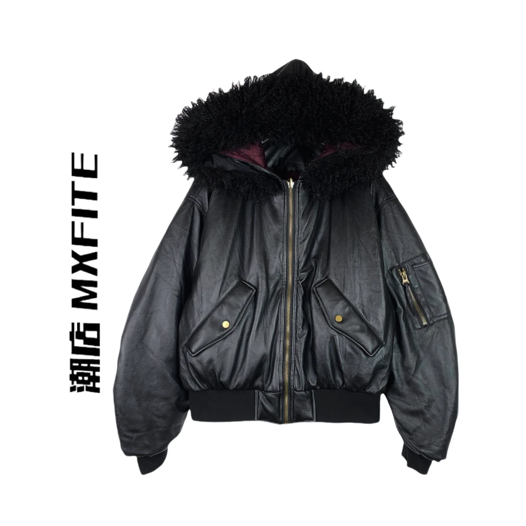 MXFITE潮店秋冬新款复古痞帅大毛领连帽皮夹克外套（RDR4056）