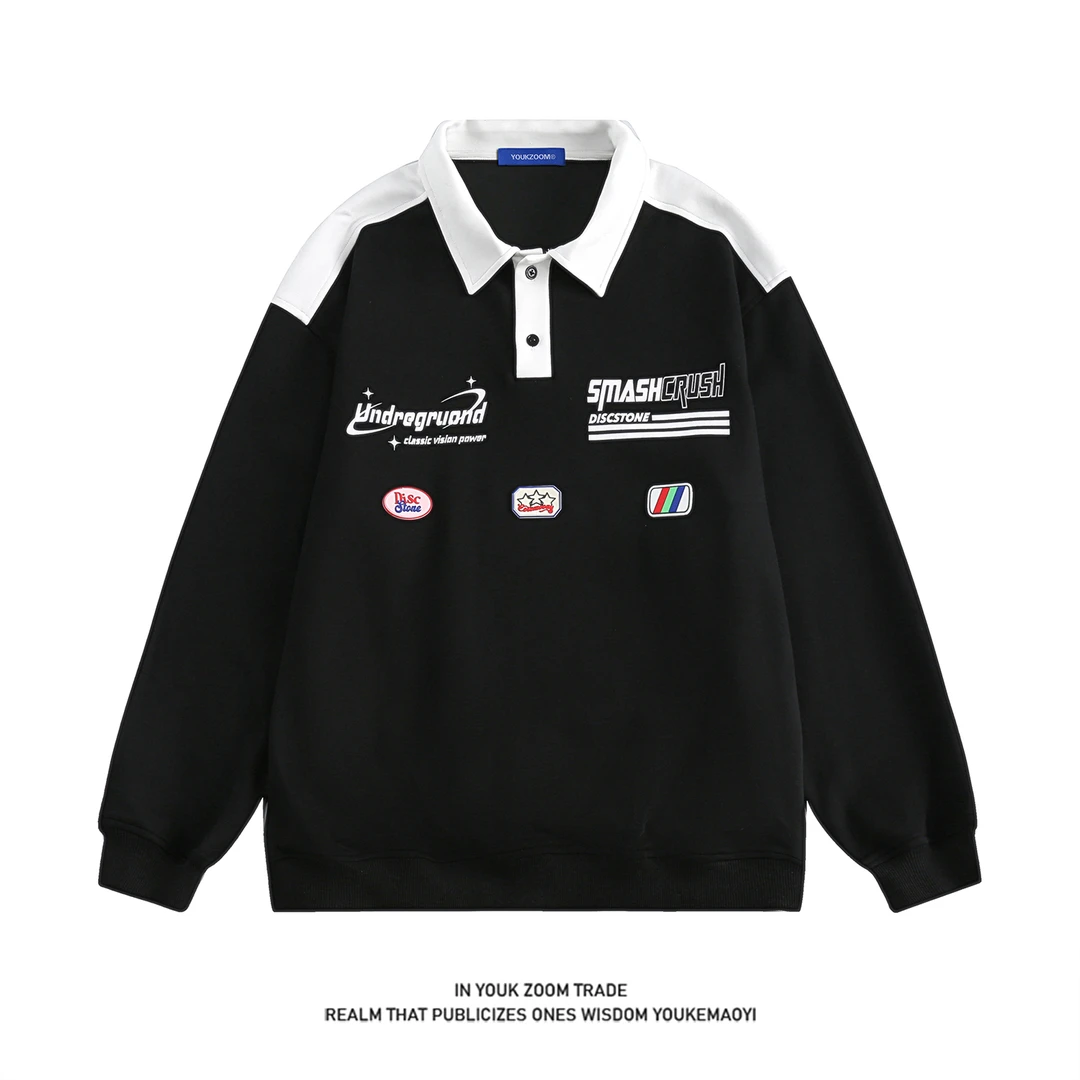 【新品8折+男女同款】秋季新款美式街头撞色机车风POLO领长袖卫衣