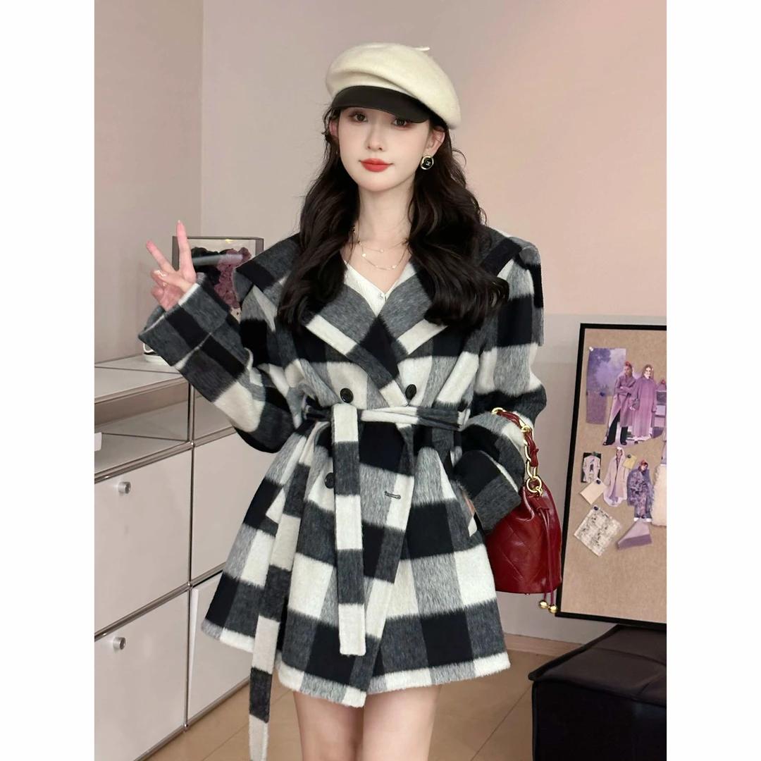SE【伦敦周末】毛呢外套女优雅米黑灰格气质轻奢短款大衣女毛呢外套