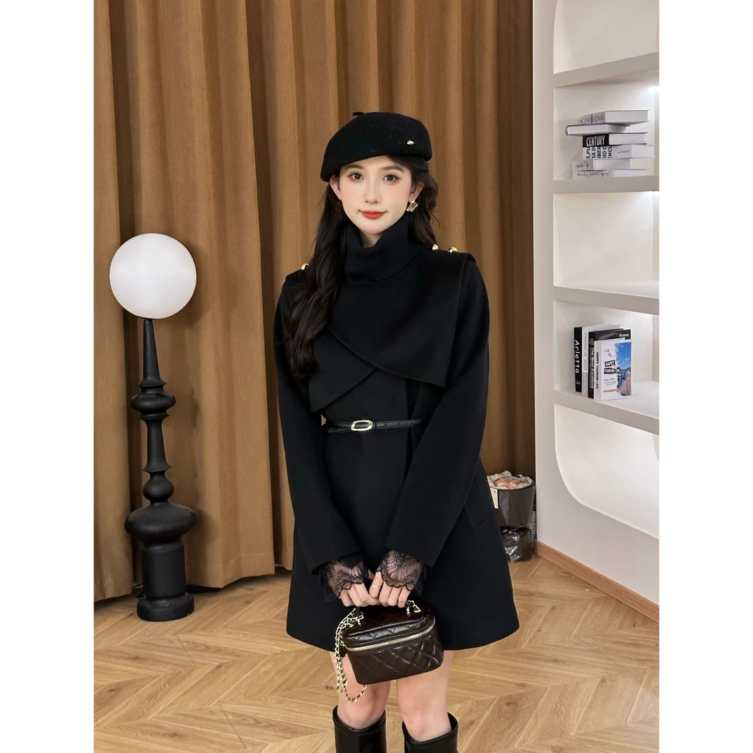 SE【海德】毛呢外套女秋冬黑色英伦风高级冬季感显瘦中长款大衣