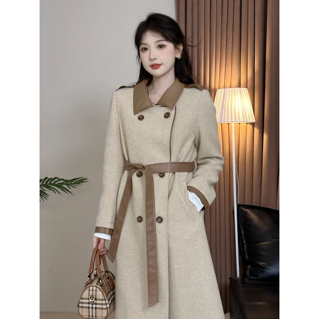 SE【岁月如歌】毛呢外套女秋冬燕麦色拼接收腰显瘦设计感长款大衣