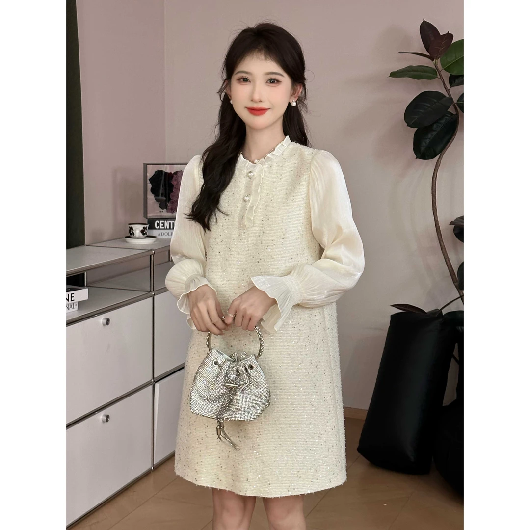 SE【暮光情书】连衣裙女白色早秋氛围感珠光亮片小香风女装连衣裙