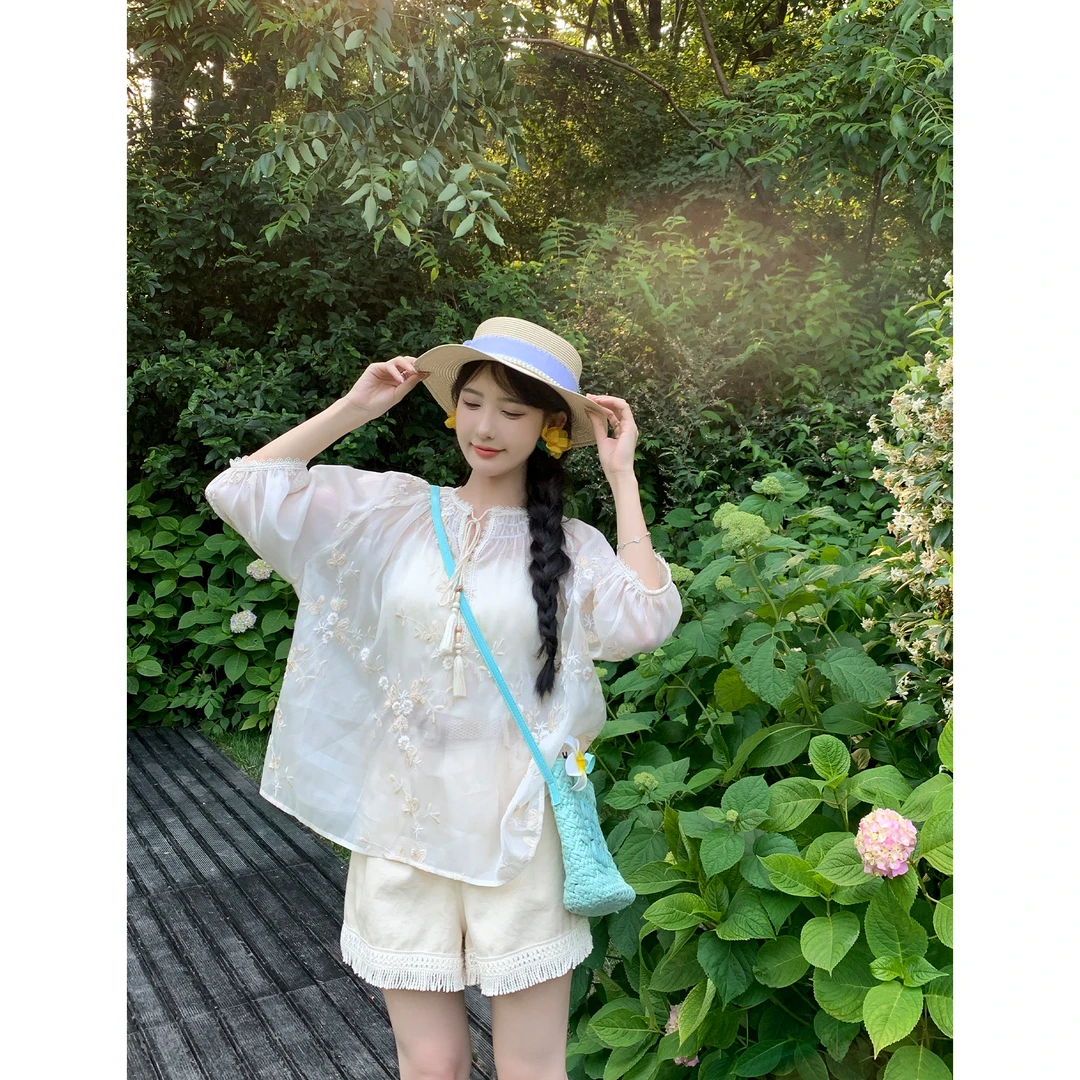 C【南风织梦】米色衬衫女新中式夏新款防晒透气宽松衬衣国风上衣