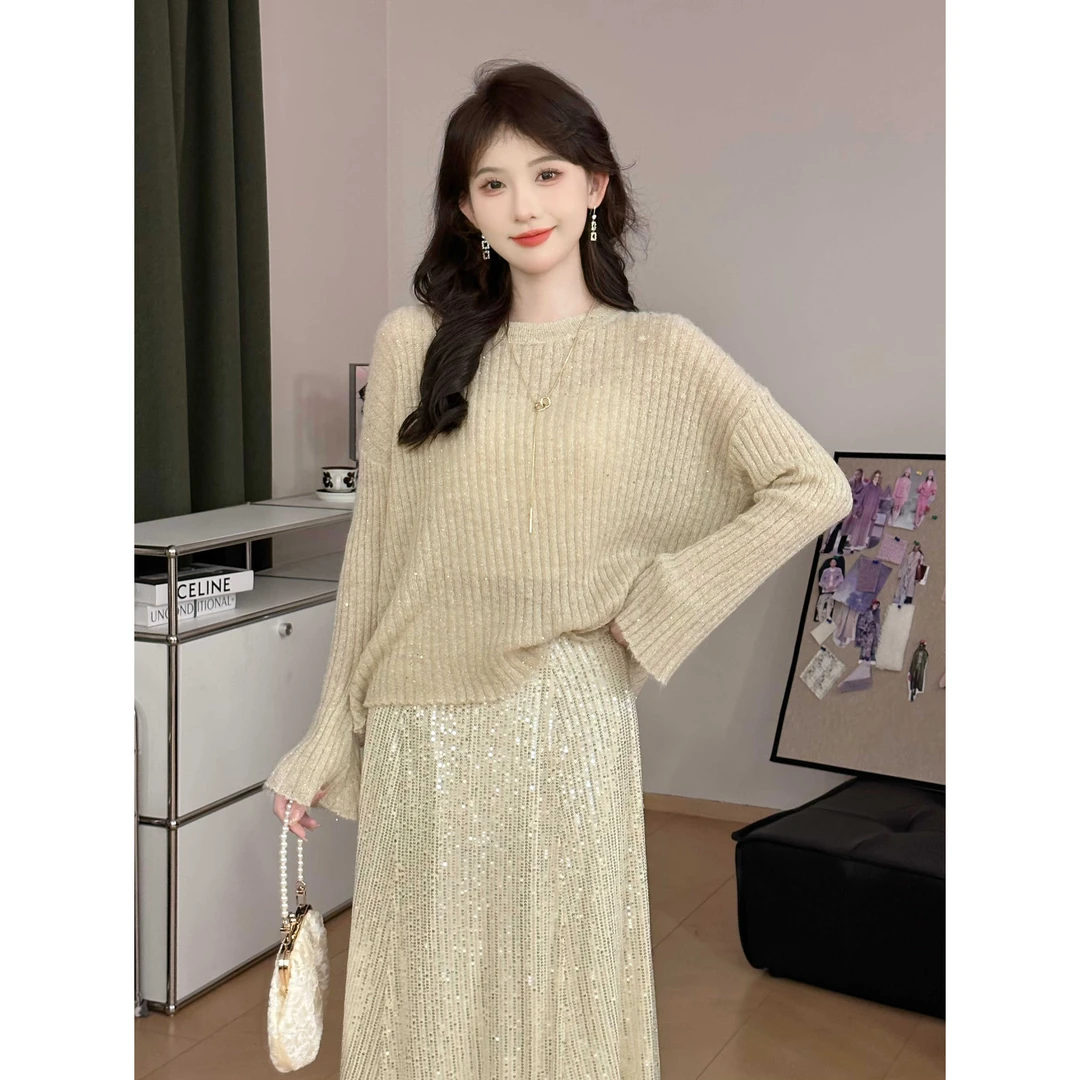 SE【秋日糖】毛衣女奶茶色毛衣精美珠片慵懒舒适透气毛衣长袖针织衫