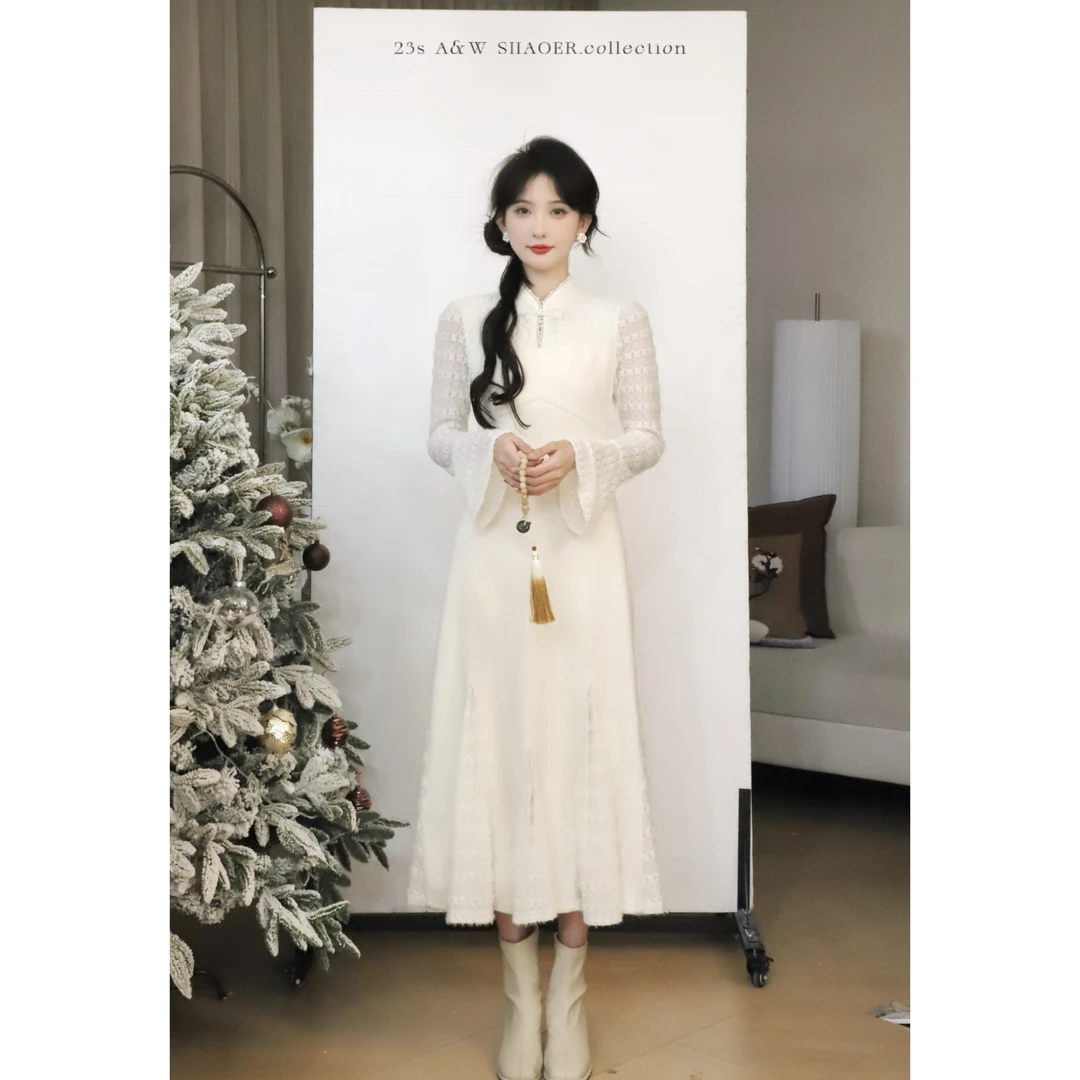 SE【花瓣裙】蕾丝拼接针织裙女秋冬中长款连衣裙气质白色长袖显瘦