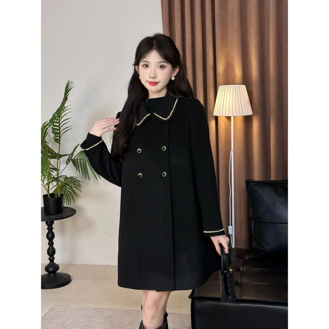 SE【朱莉的信】毛呢外套女秋冬黑色复古优雅气质翻领中长款呢大衣