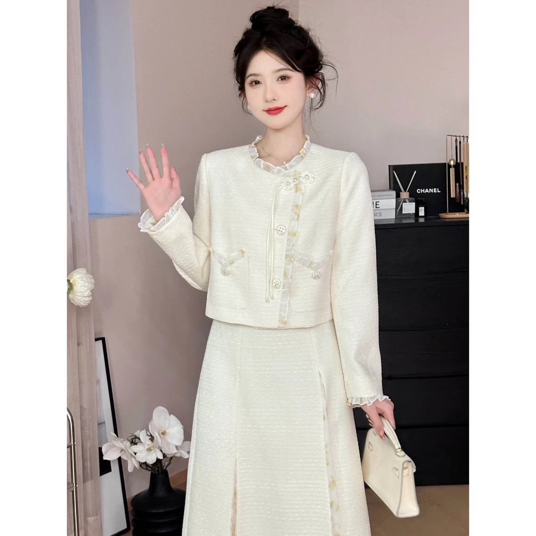 SE 【落玉投珠】女2024春款甜美小香风外套半裙套装随机