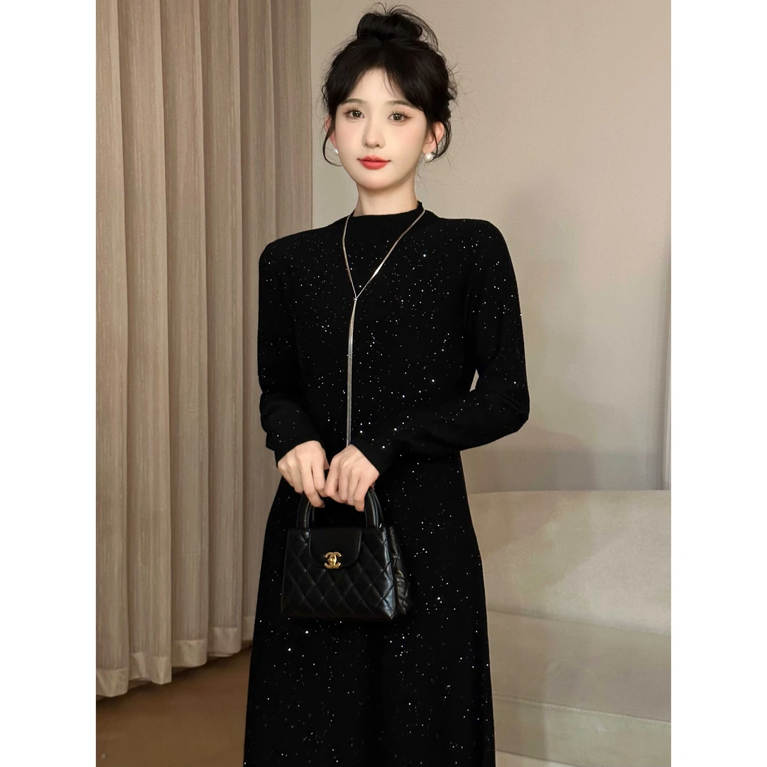 A【落入星辰】极简风气质时尚温柔针织质感黑色亮片连衣裙