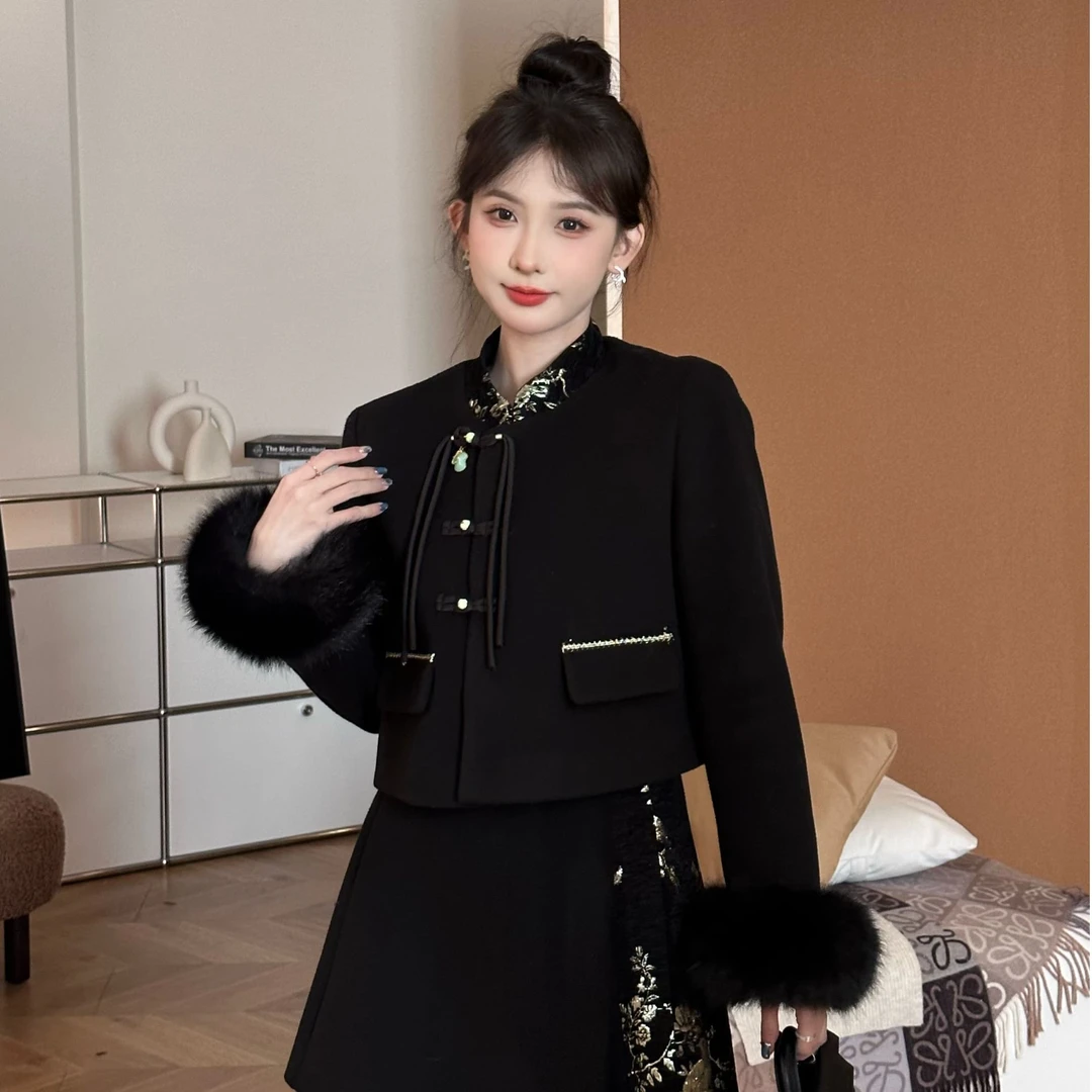 SE【喜上枝头】羽绒服白鸭绒新中式元素轻奢气质黑色上衣外套半身裙