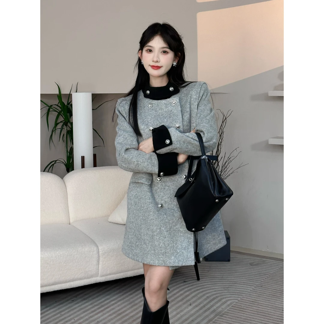 SE【曼城碎片】毛呢大衣女秋冬法式贵气轻奢千金双排扣灰黑拼色大衣