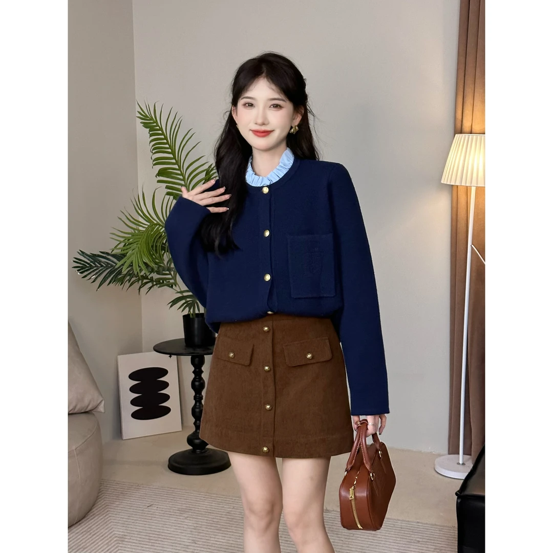 SE【高知艺术】毛衣女秋冬蓝色木耳领通勤法式优雅显瘦百搭毛衫