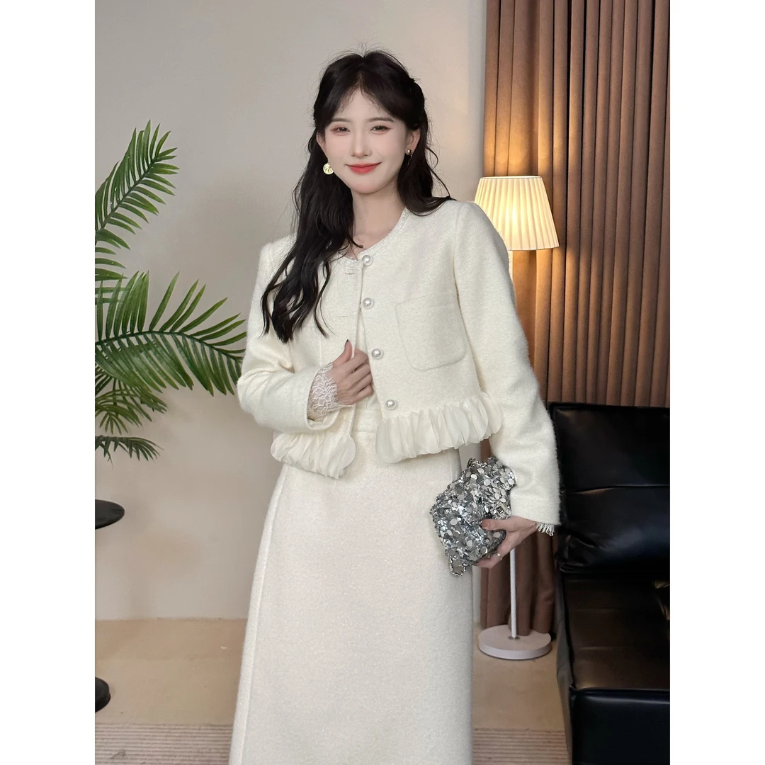 SE【皎月如梦】时尚套装女秋冬白色千金小香风毛呢外套显瘦半身裙