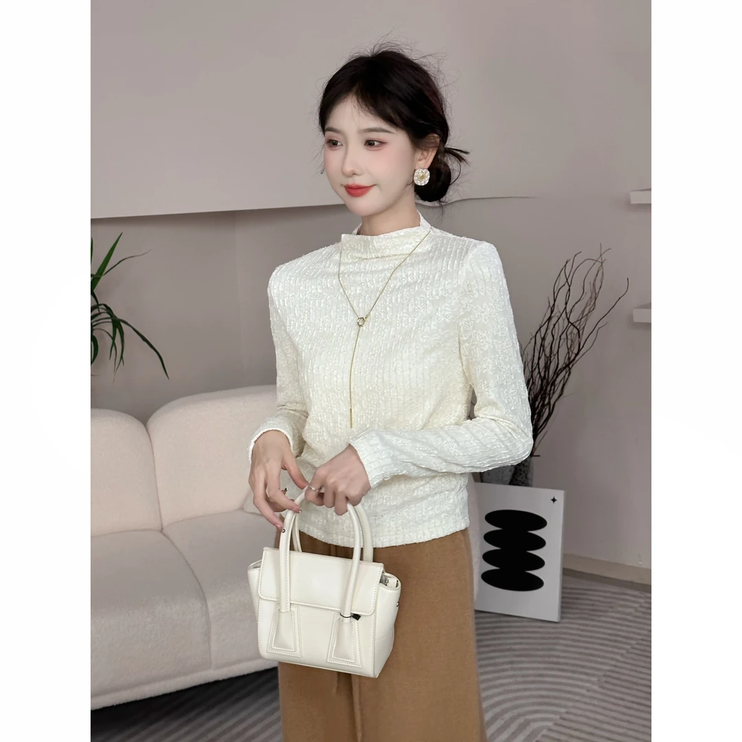 SE【序幕诗】打底衫女秋法式修身蕾丝内搭长袖百搭显瘦半高领上衣