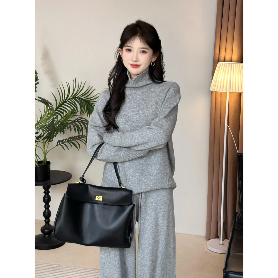 SE【浓情可可】时尚套装女秋冬咖色半高领针织上衣显瘦垂顺阔腿裤