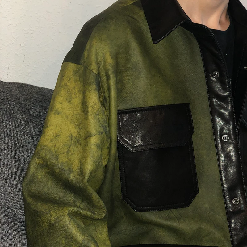 LA CALIFFA设计师 "艺术水染羊皮"拼接意产山羊 OS宽松 风衣夹克