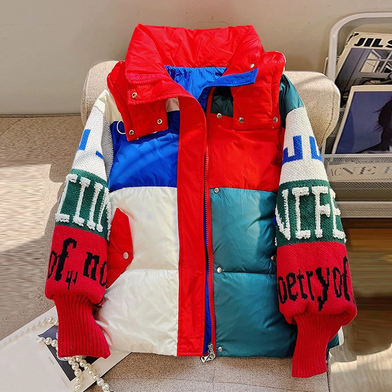 棉服女2024冬季新款设计感时尚宽松显瘦针织袖拼接撞色连帽棉衣女