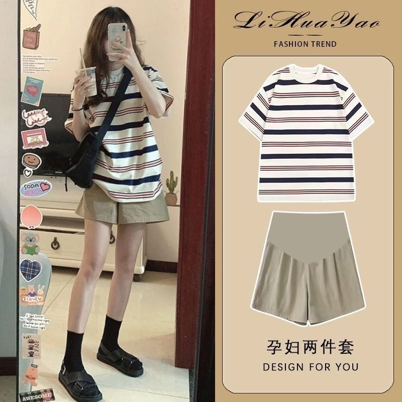 孕妇装夏季套装条纹孕妇上衣网红休闲宽松韩版孕妇托腹短裤短袖潮