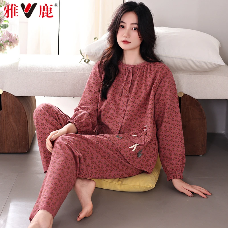 V/雅鹿睡衣女2024春秋纯棉长袖中年妈妈全棉碎花高级感家居服套装