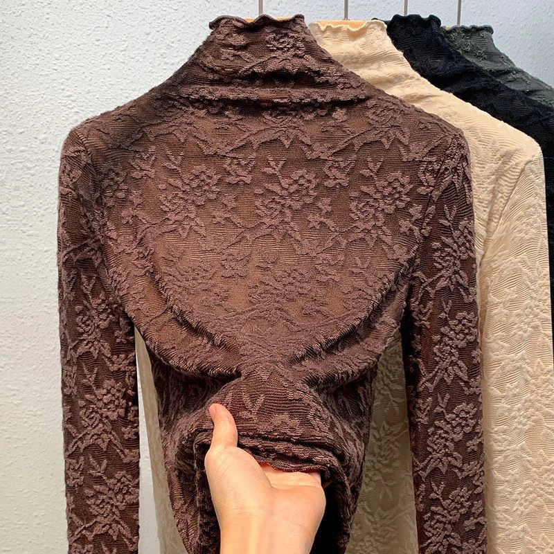 【高品质】春秋冬季宽松时尚百搭高领蕾丝打底衫百搭洋气欧货大版型