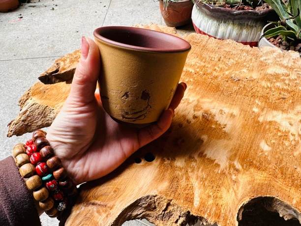 原矿紫泥粉浆杯～精工手刻花鸟