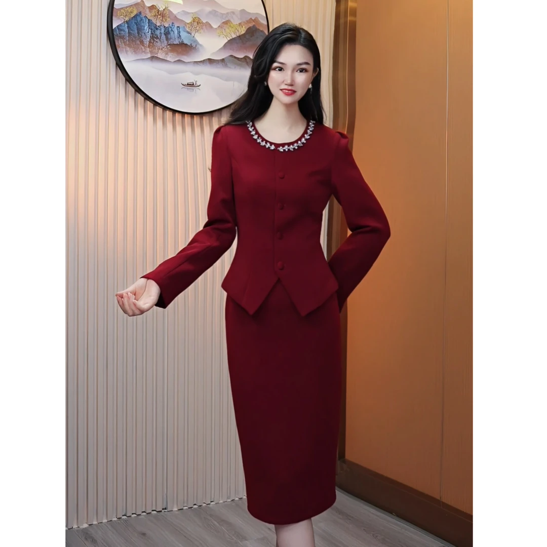 秋冬新款厚款时尚两件套装安可拉红气质名媛小香风修身显瘦西装