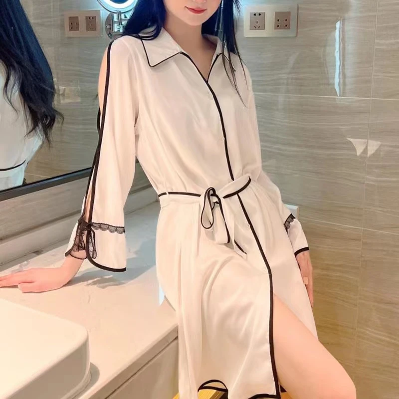 2023性感睡衣女薄款雪纺衬衫春夏款中长款情侣风情撩人家居服睡裙