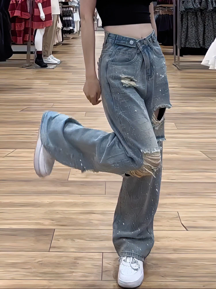 春夏季时尚胖妹妹腿粗宽松显瘦梨型身材高街破洞设计感钻闪阔腿裤