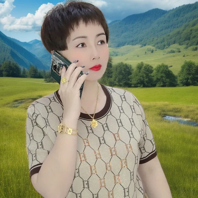 57上衣显瘦洋气时尚百搭夏季宽松圆领妈妈装大码针织网红气质休闲